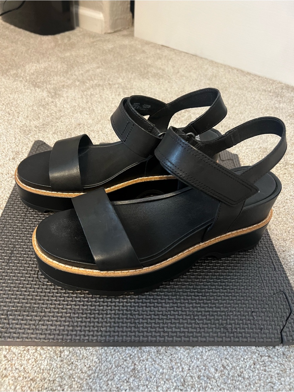 Sorel Black Leather Platform Ankle-Strap Sandals